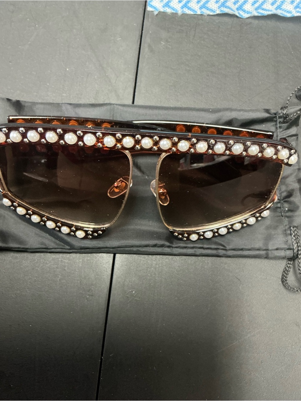 Embellished Oversized Brown Sunglasses with Pearls - Designer Style - Picture 4 of 4